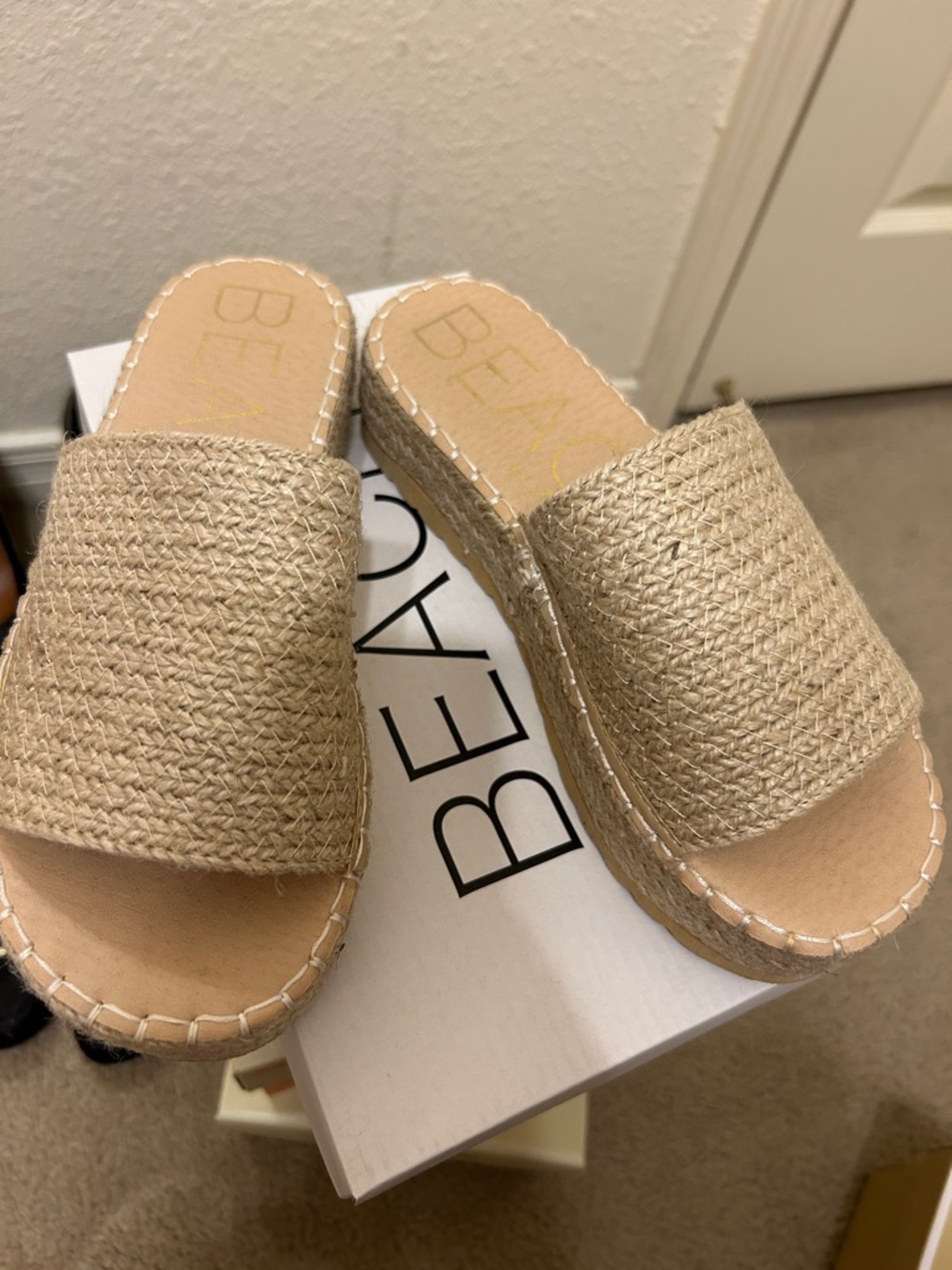 BEACH Natural Woven Espadrille Slide — Beige Platform Sandals